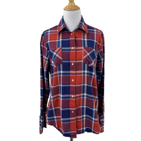 Stetson Shirt Womens M Medium Red Blue Plaid Pearl Snap Buttons Western Pockets - Picture 1 of 11